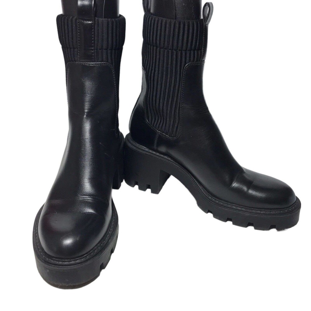 Women's ZARA Black Leather US 7.5 Chunky Platform Heeled Knit Cuff Ankle Boots
